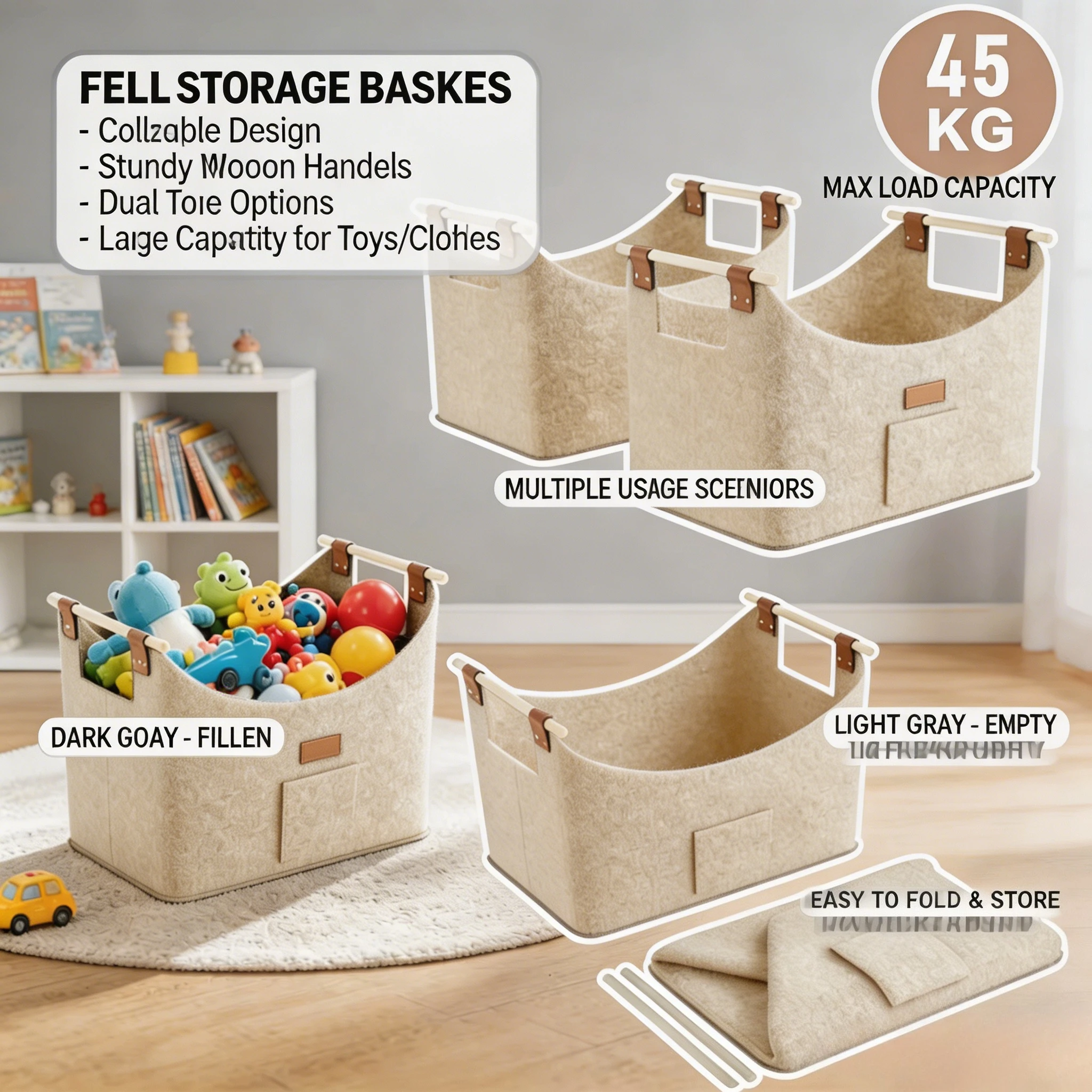 Cesta Plegable Para Leña De 96 L – Fieltro Extragrueso De 3mm, Asas De Madera, Capacidad 60kg, Bolsillo Frontal 15x15cm, Ideal Para Chimenea, Hogar Y Almacenamiento Versátil (2 – Gris Oscuro)