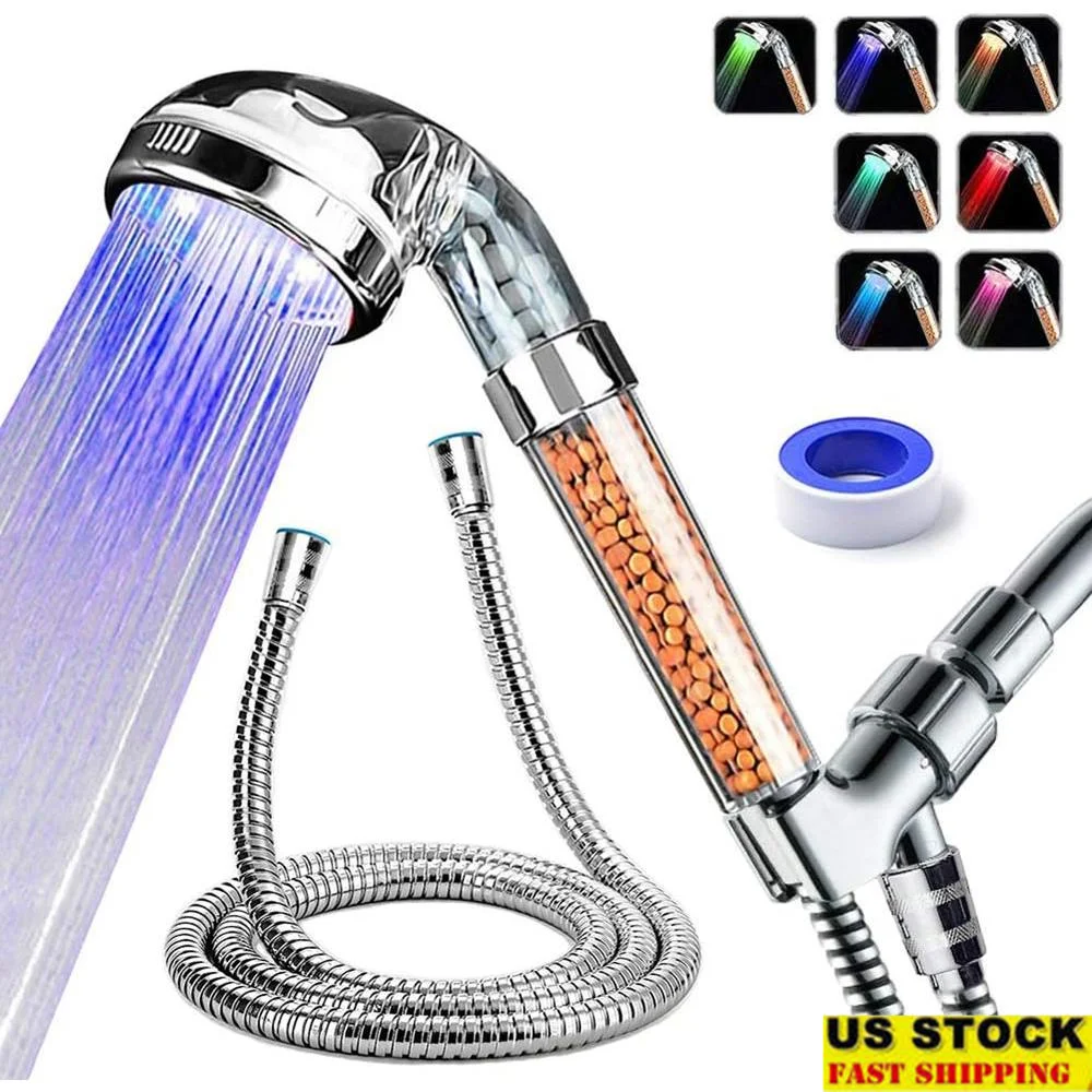 LED Shower Head High Pressure Water Filter Handheld Showerhead System Purifies Chlorine Reduces Dry Skin Hair Loss Easy