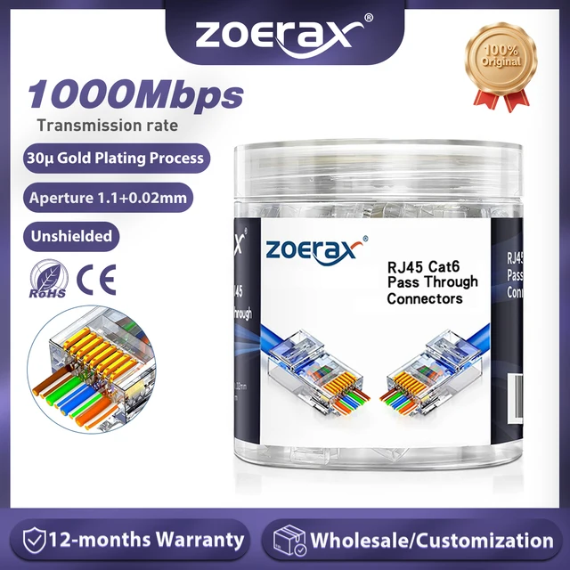 ZoeRax 100 sztuk złącza RJ45 Cat6 przelotowych, wtyki modułowe RJ45 do kabli CAT6 CAT5E, solidnych lub wielożyłowych, UTP/STP