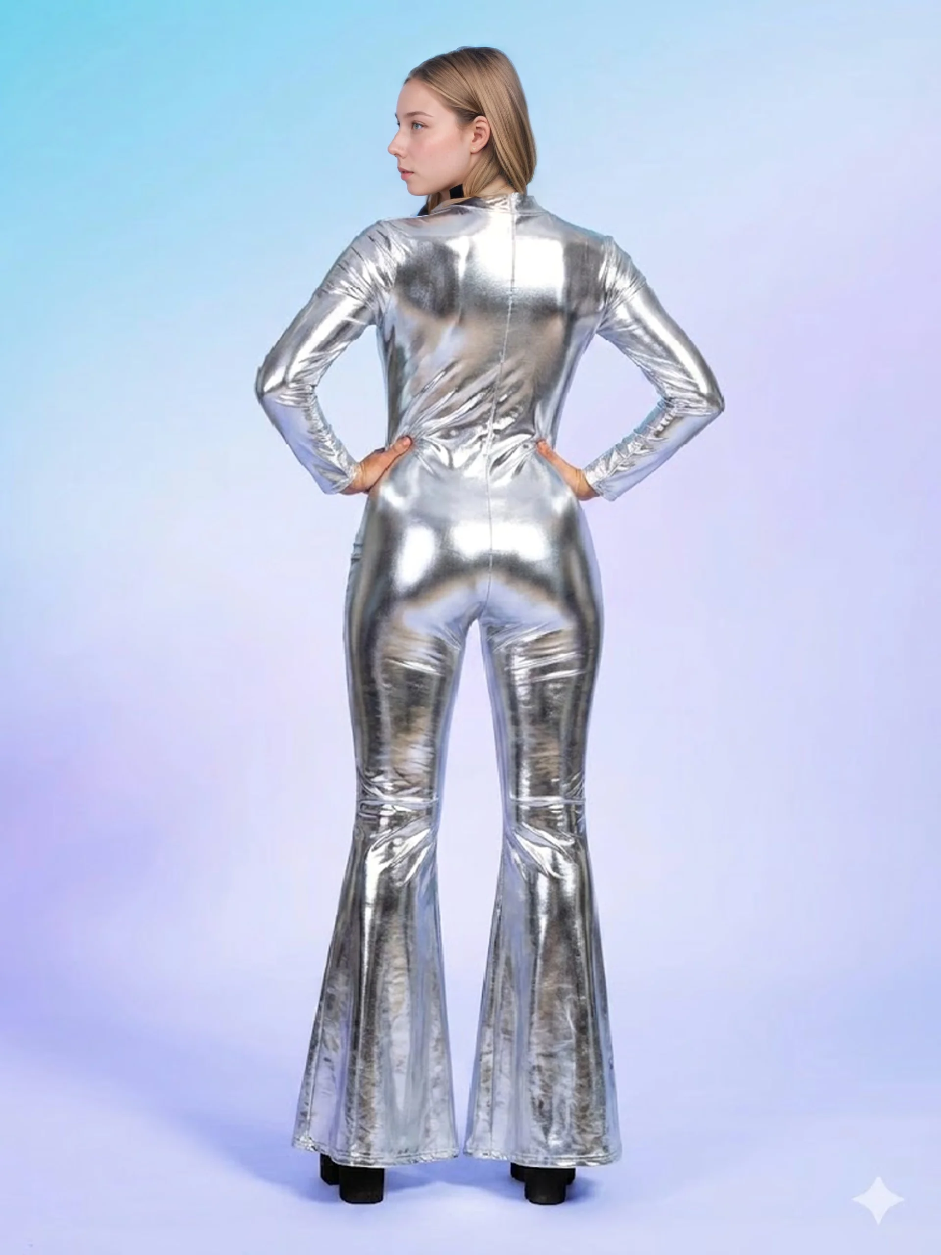 Damen Rollkragen-Jumpsuit mit Glänzendem Metallic-Effekt und Schlaghose, Schillernder Glänzender Bodysuit für Nachtclub, Disco, Bühne und Party – Detail 5