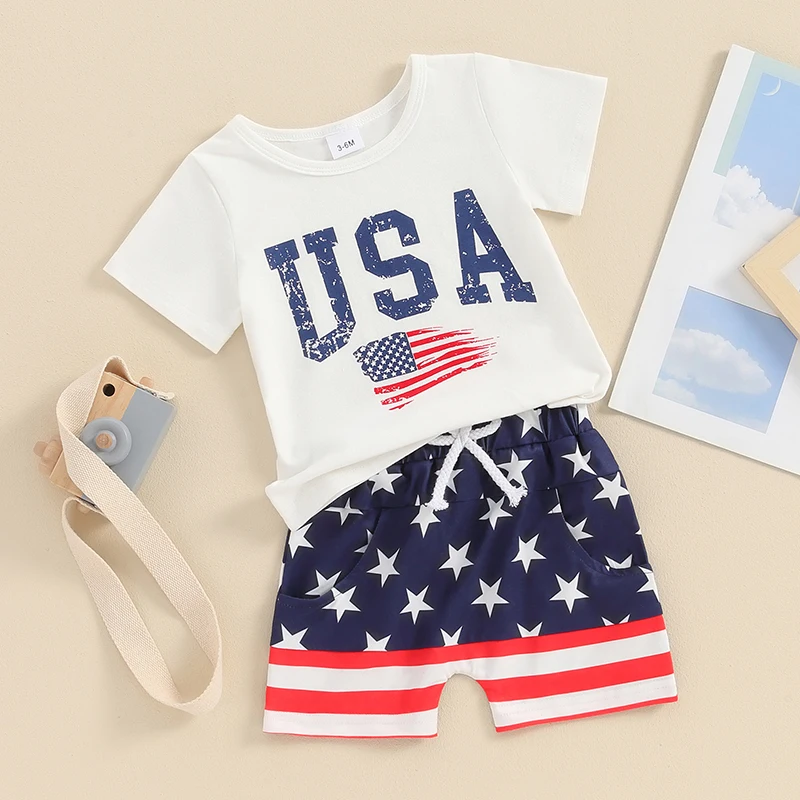 4th of July Baby Boys Outfits Fuzzy Letter Patch Short Sleeve T-Shirts Tops Stripe Stars Shorts 2Pcs Clothes Set