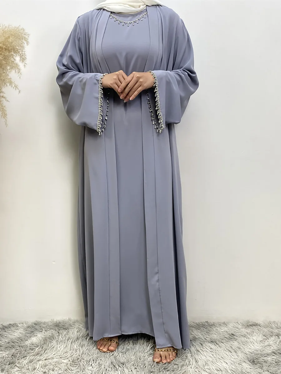 Two Piece Abaya Set With dress Free Diamond Chain Belt Kimono Sleeveless Under Dress EID Ramadan Muslim Women Islamic Clothing