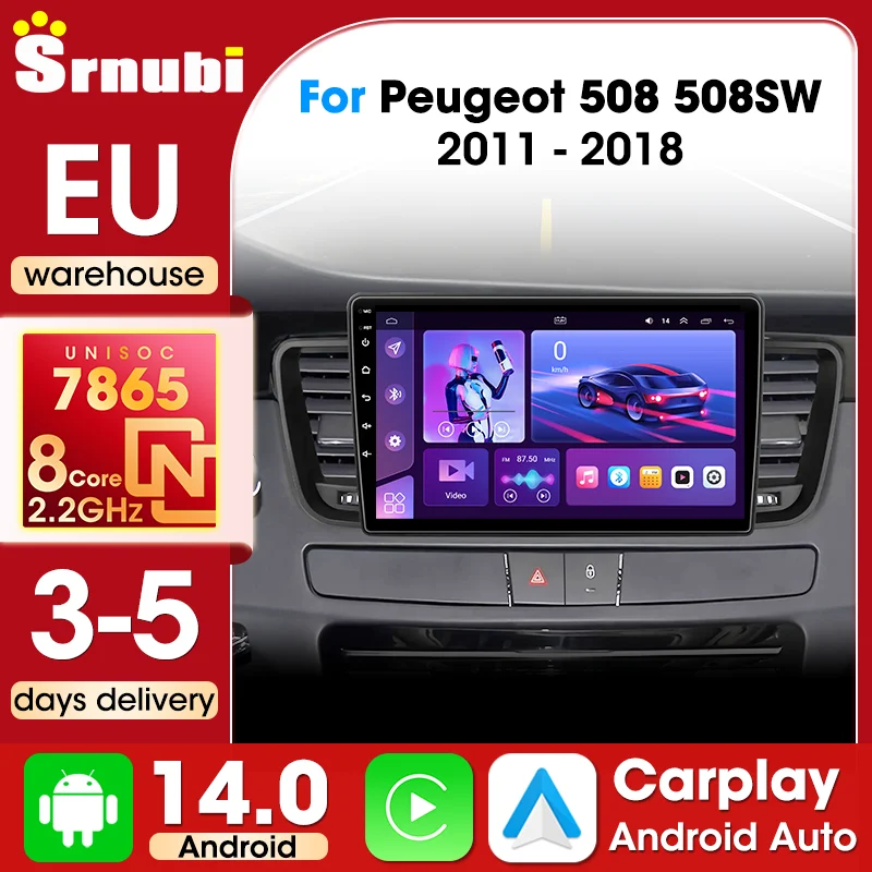 Srnubi pour Peugeot 508 508SW 2011-2018, autoradio sans fil Carplay Android Auto, lecteur multimédia, navigation GPS, 9 pouces, DSP UIS7865, prise en charge SWC, Bluetooth 5.4