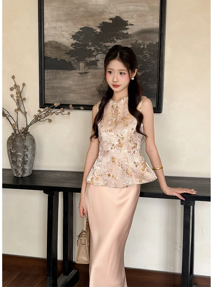 

Новый комплект в китайском стиле: вышитая юбка-рыбий хвост и топ, женский летний модный костюм из двух предметов, дышащая полиэстеровая ткань