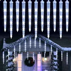 Christmas Icicle Lights Winter Eave Window Chaser LED Meteor Shower Hanging Icicle String Lights Connectable Raindrop Lights