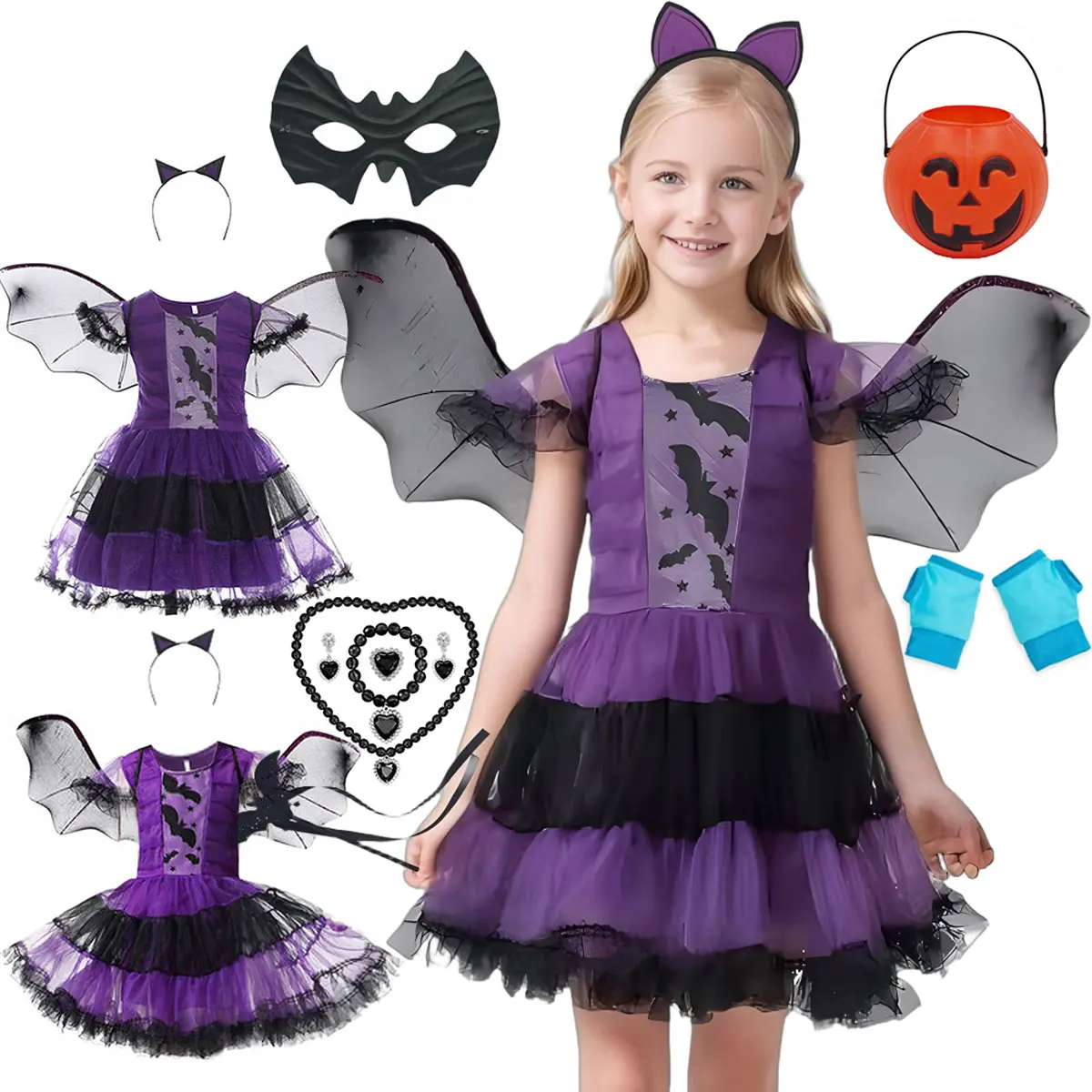 

2025 Classic Girls Cosplay Horror Purple Witch Bat Print Dress Halloween Festive Party Girls Scary Vampire Pumpkin Clothing Set