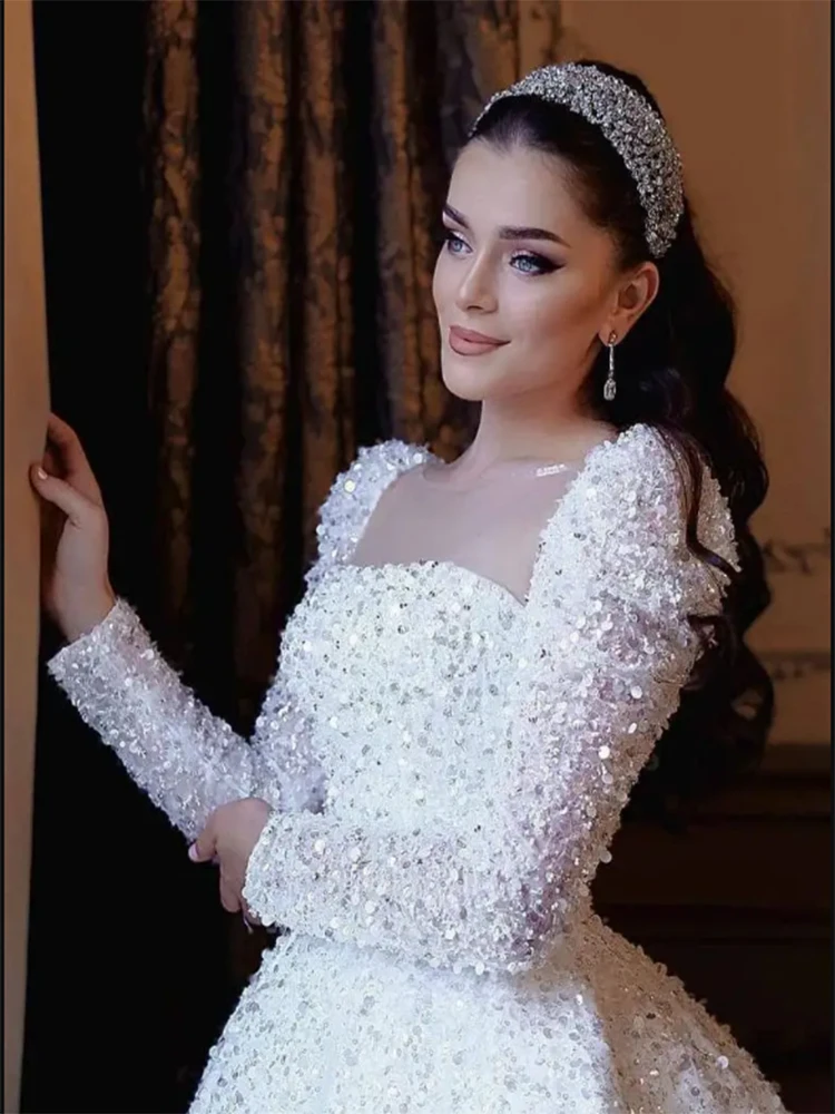 Gaun pernikahan berkilau payet manik-manik cantik gaun pengantin lengan panjang kerah persegi gaun pengantin berkilau renda buatan khusus Vestido De Novia