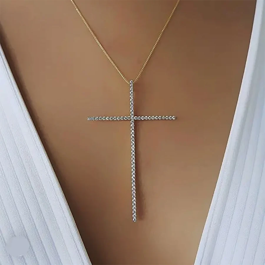 SUNSLL Gold/Silver/Black Colour Big Cross Pendant Necklaces For Women Men Fashion Cubic Zirconia Charming Jewelry Gift 1Pcs