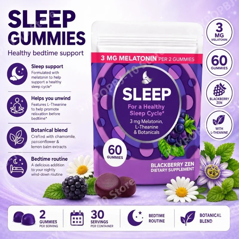 Sleep Gummies with Melatonin 3mg L Theanine Botanicals Supports Healthy Sleep Blackberry 60 Gummies