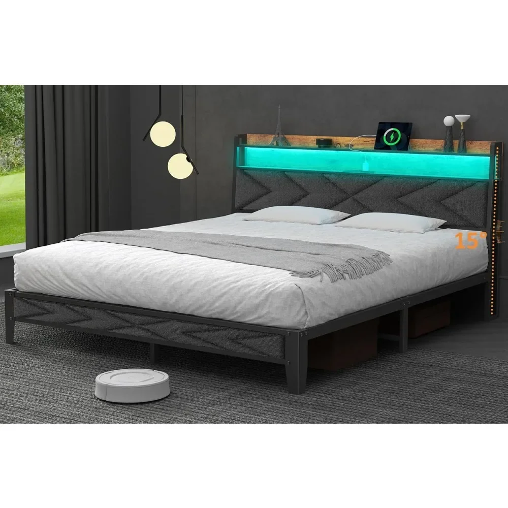 Queen Size Bed Frame with Charging Station and Led Lights, Industrial Metal Platform Bed with Storage Headboard Easy Assembly