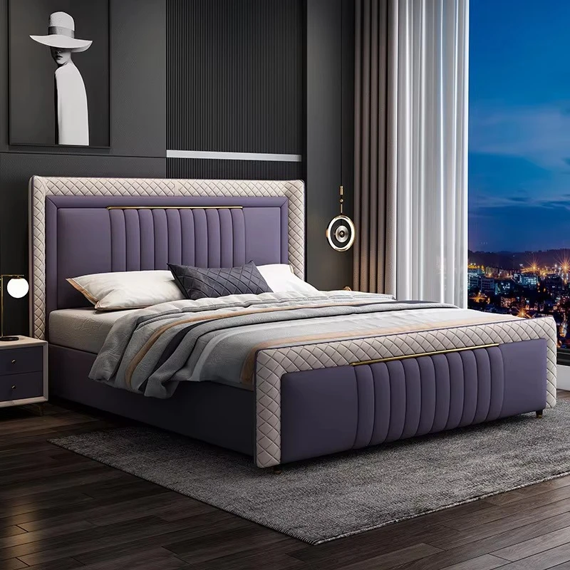 Deluxe Bedroom Furniture Upholstered Leather Wooden King Modern Bed Frame Double Comfort Bedroom