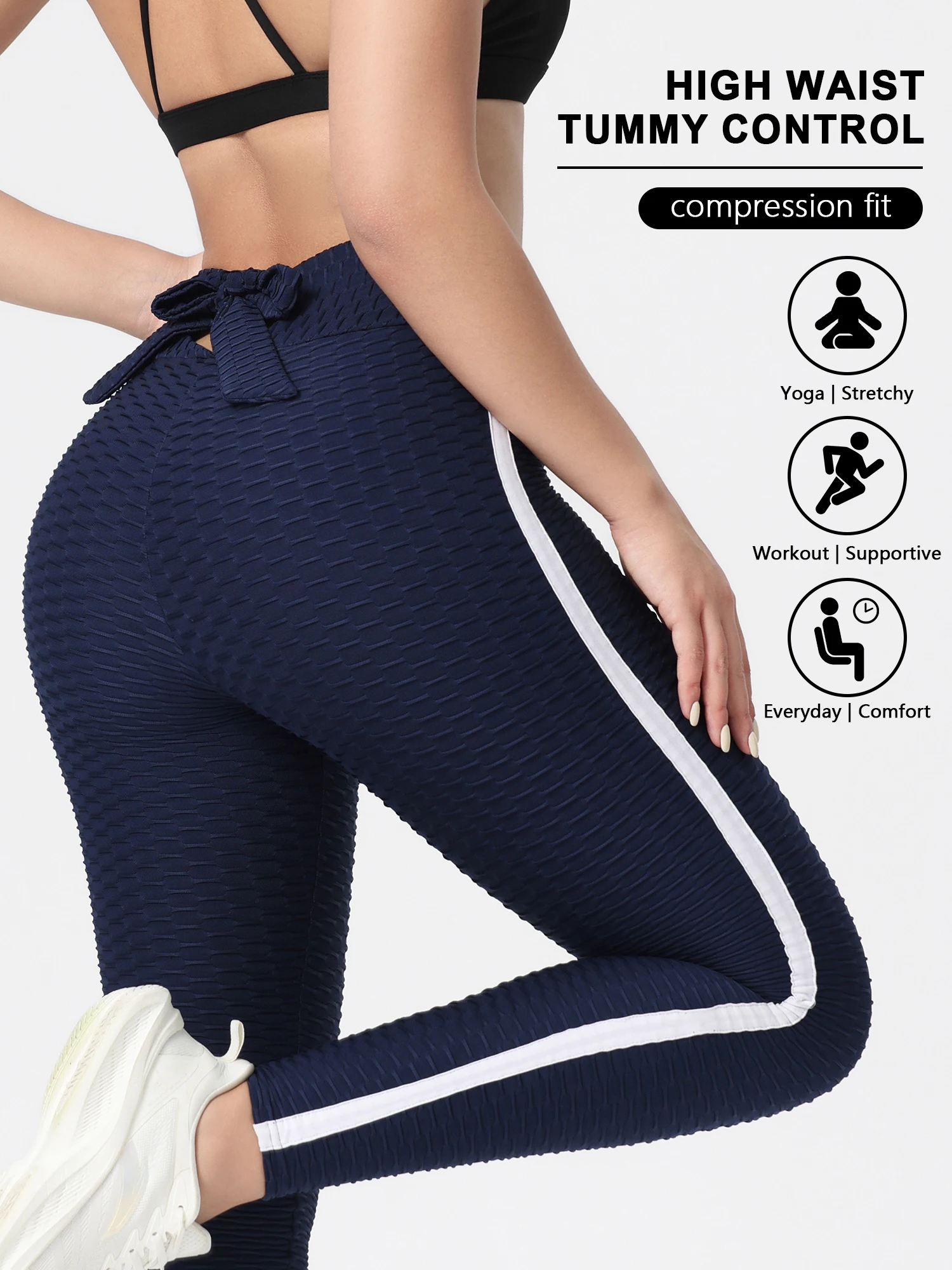 

Женские леггинсы для йоги в форме сот с высокой талией, эластичные и дышащие брюки для фитнеса для бега с элегантным бантом, подходят для занятий спортом, бегом и пилатесом — можно стирать в машине