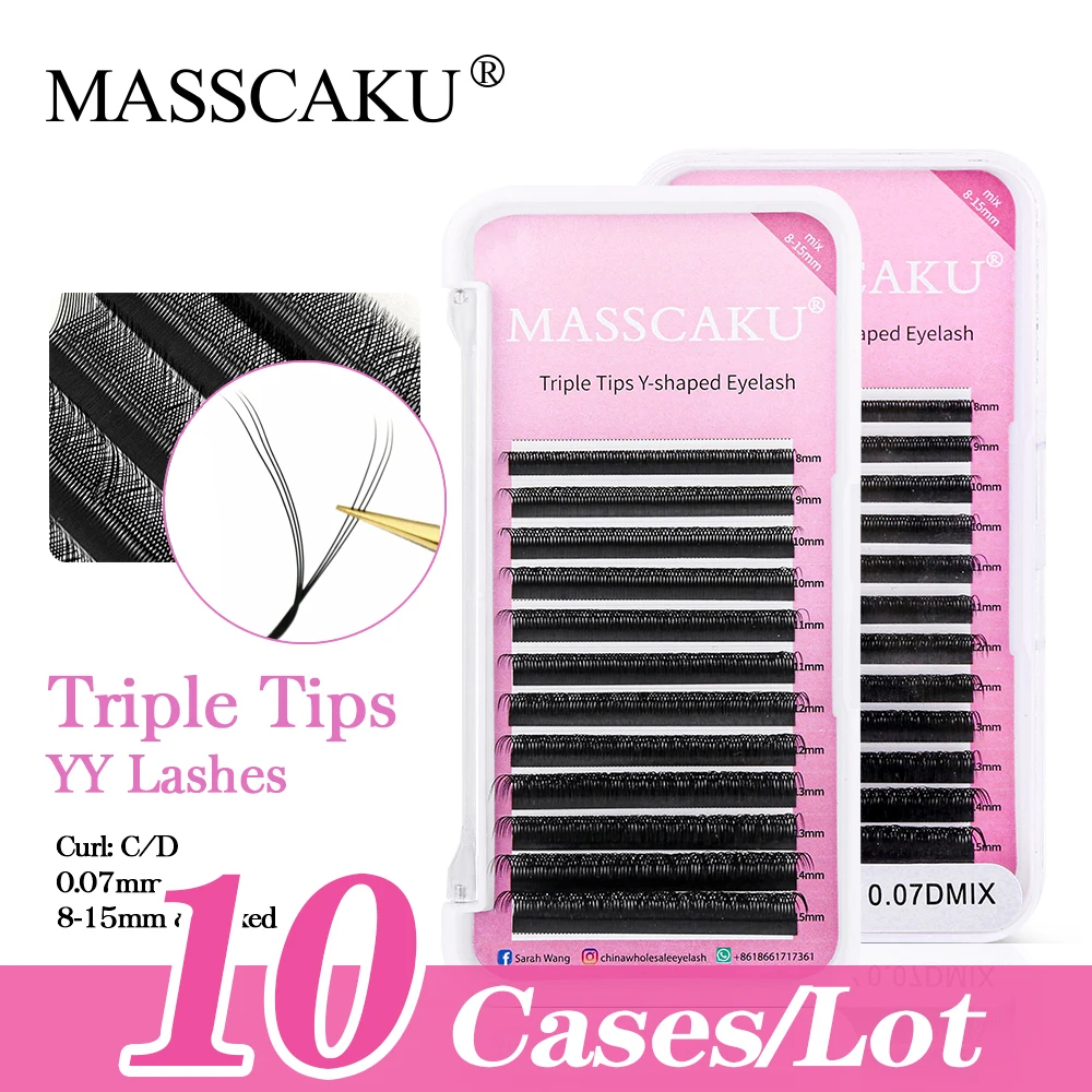 10cases/lot MASSCAKU Triple Tips Y-shaped Multi Intersected Fake Eyelashes Wipsy 0.07mm Mix Length Blisters Three cores lashes