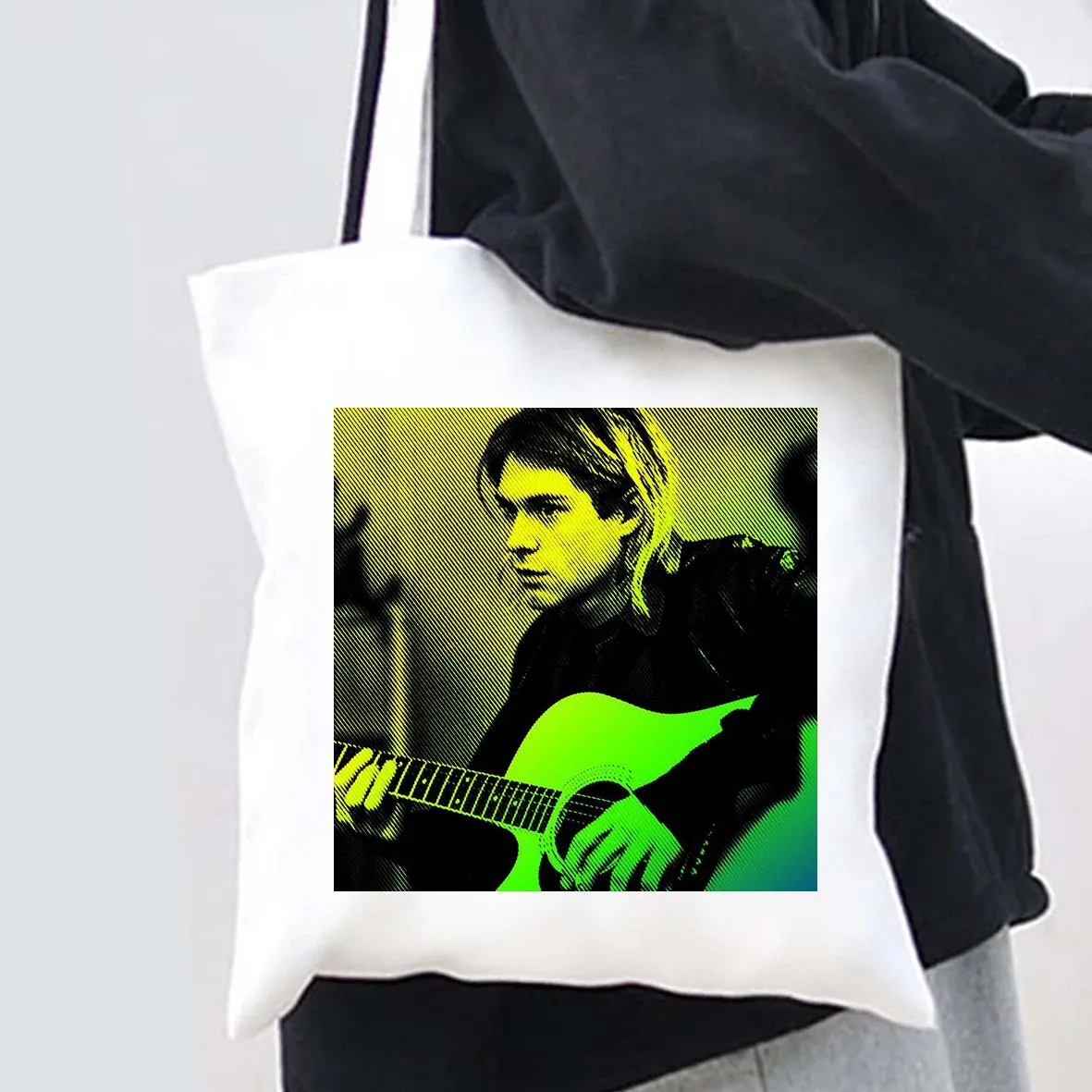 Singer Kurt Cobain Portrait Pop Poster Rock Roll Music Retro Vintage Men Women Canvas Shoulder Tote Bag Shopper Shopping Handbag