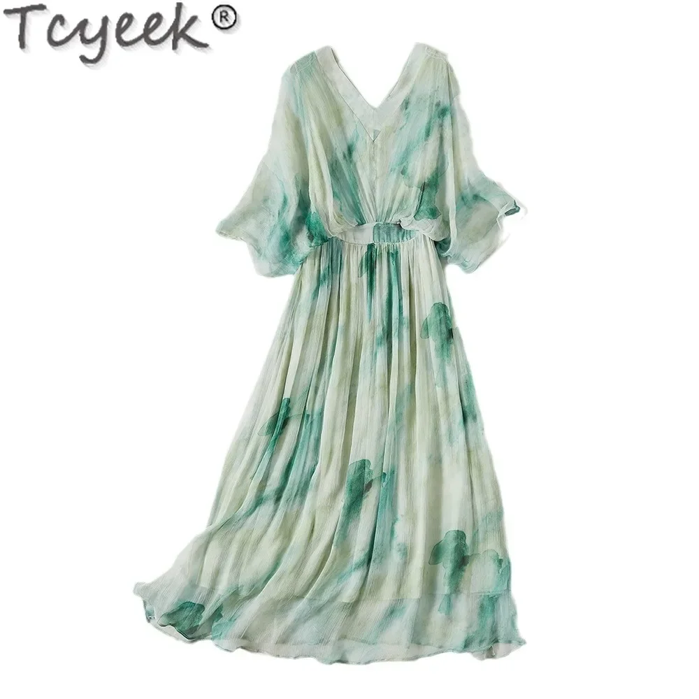 Tcyeek Real Mulberry Silk Womens Dresses Beach Dress 2024 Elegant and Pretty Women's Dresses Summer Clothes Print Vestido Mujer