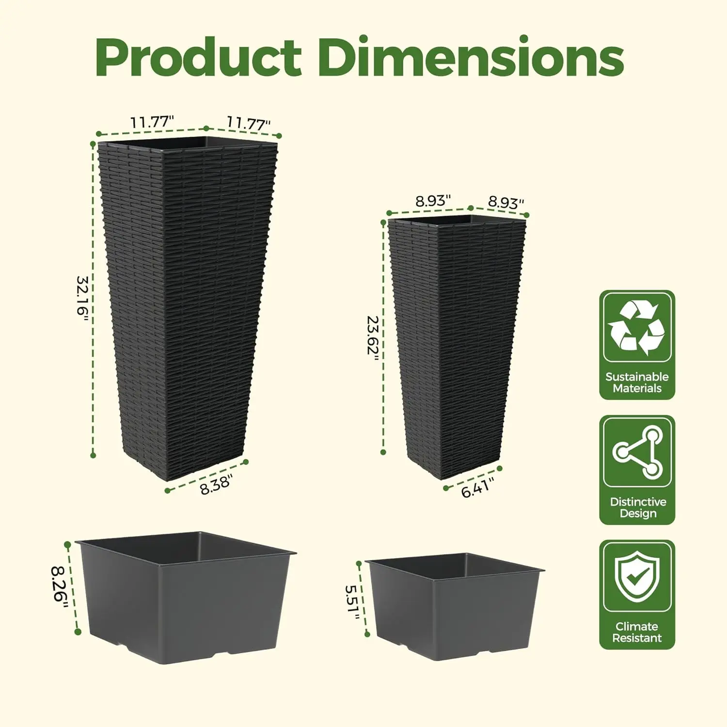 

2 Pack Large Planters for Indoor Plants, Outdoor Tall Planter with Drainage Holes, Plant Pots for Trees Flowers