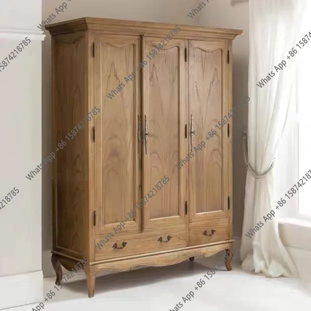 

American country solid wood oak double door wardrobe French retro old weathered gray children's wardrobe flat open wood wardrobe