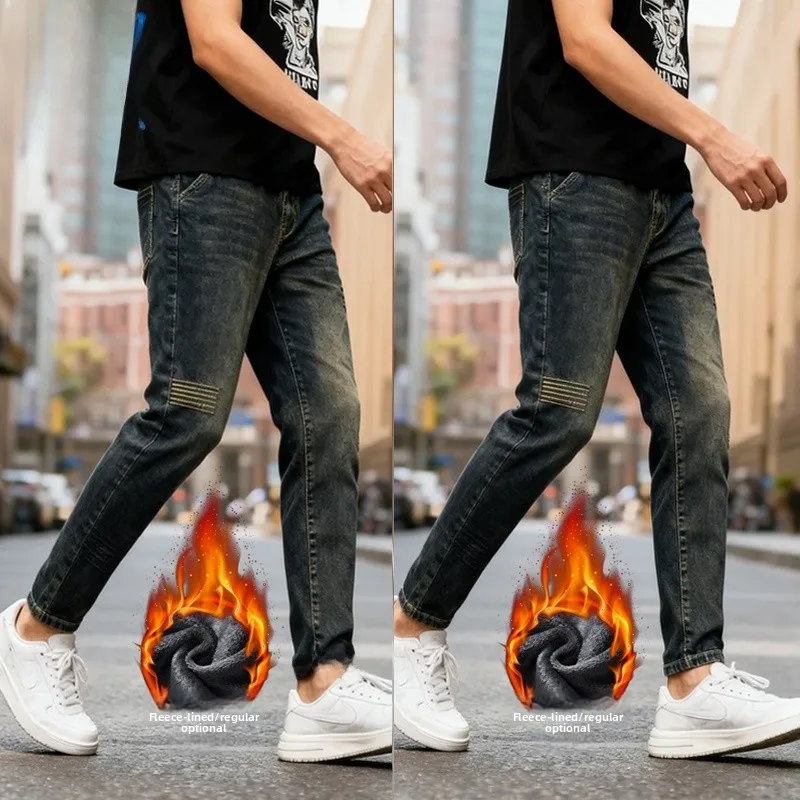 

Мужские утепленные джинсы из плотного денима с флисовой подкладкой, прямые, с эластичным поясом, осенне-зимние, укороченные, повседневные, из смесового хлопка