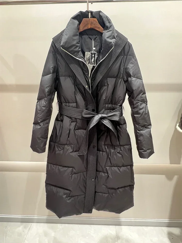 2023 neue Winter frauen weiße Enten Daunen lange Jacke mit Gürtel weiblichen dicken warmen Mantel schlanke Parka Kapuze Outwear