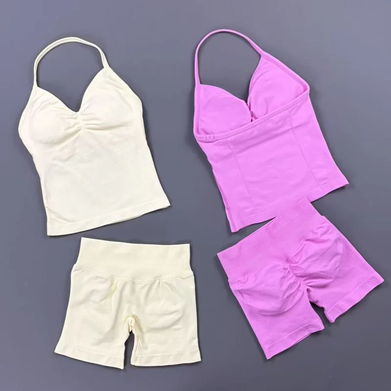 Women 2 Pieces Seamless Sports Set Halter Longline Strappy Top Tummy Control Shorts Gym Yoga Sets Running Workout Sportswear