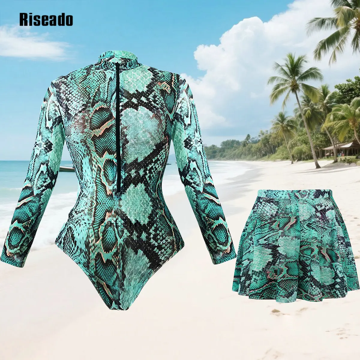 

Mesh Swimsuit with Long Sleeves Sexy One Piece Slimming Bathing Suit with Skirt & Long Pants Bodysuit Smart Beach Clothes