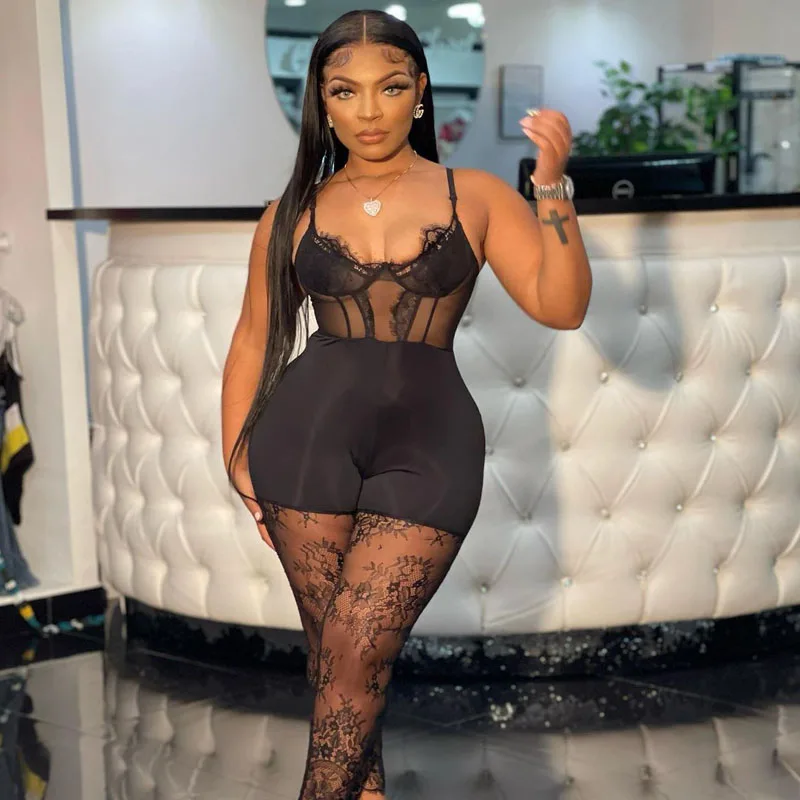 Sexy Women's Bodysuits Suspenders Adjustable Strap Lace Bodysuit Jumpsuits Sleeveless Black Contrast Lace Corset