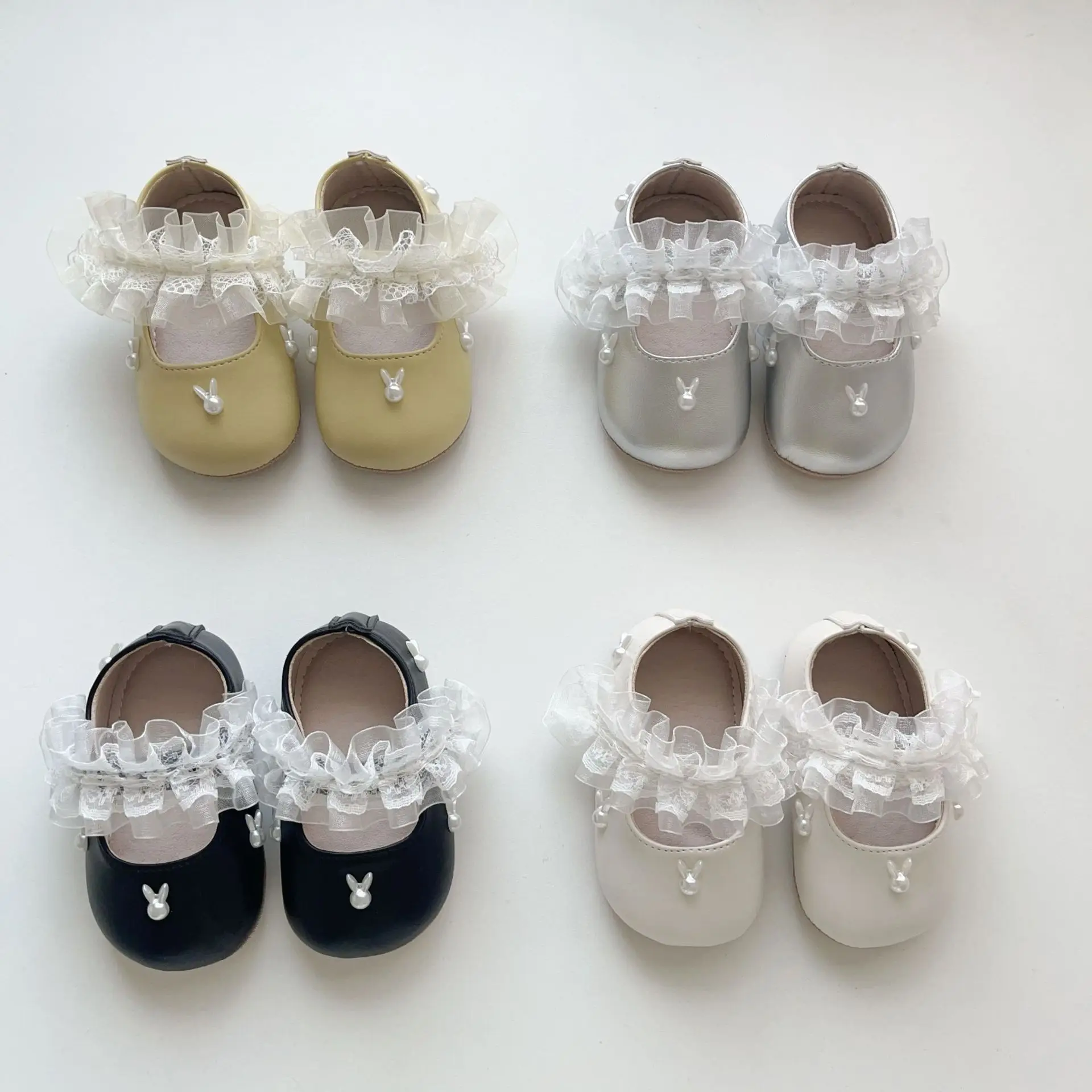 

2025 Fall Baby Girl PU Leather Shoes Lace Trim Mary Janes Soft Sole First Walkers Plain Color Infant 0-18 Months​
