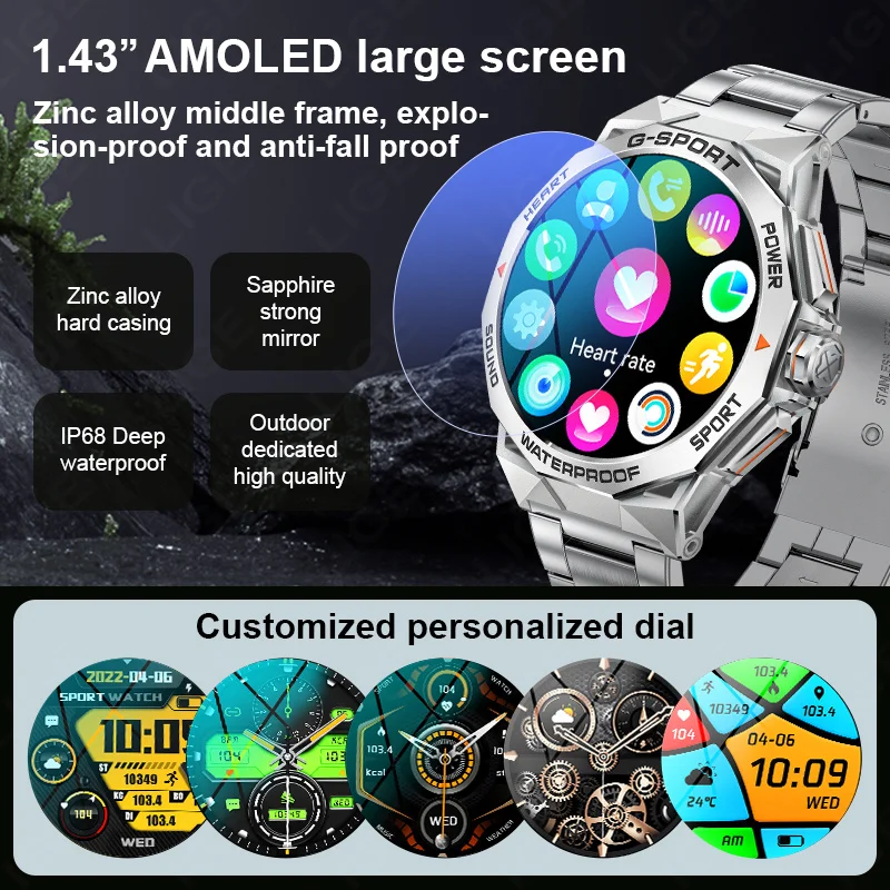 LIGE 1.43 inch AMOLED Screen Smart Watch Men 400mAh Large Battery Bluetooth Call Smart Bracelet Blood Pressure Sports Smartwatch