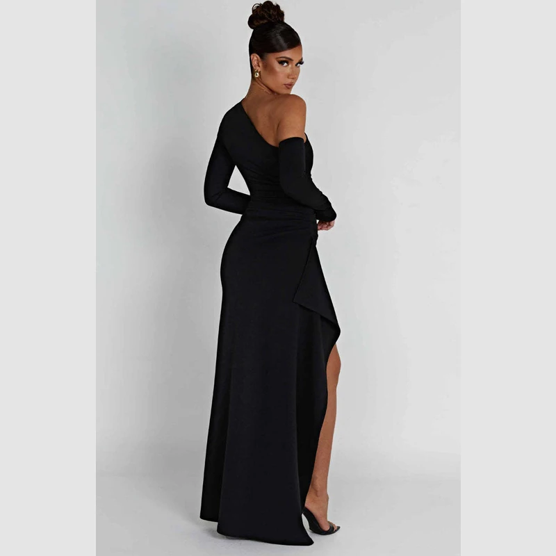 Spring Autumn Women's Sexy One-shoulder Long-sleeved Ball Dress Fashion Solid Color Off-the-shoulder Hip Irregular Slit Dress