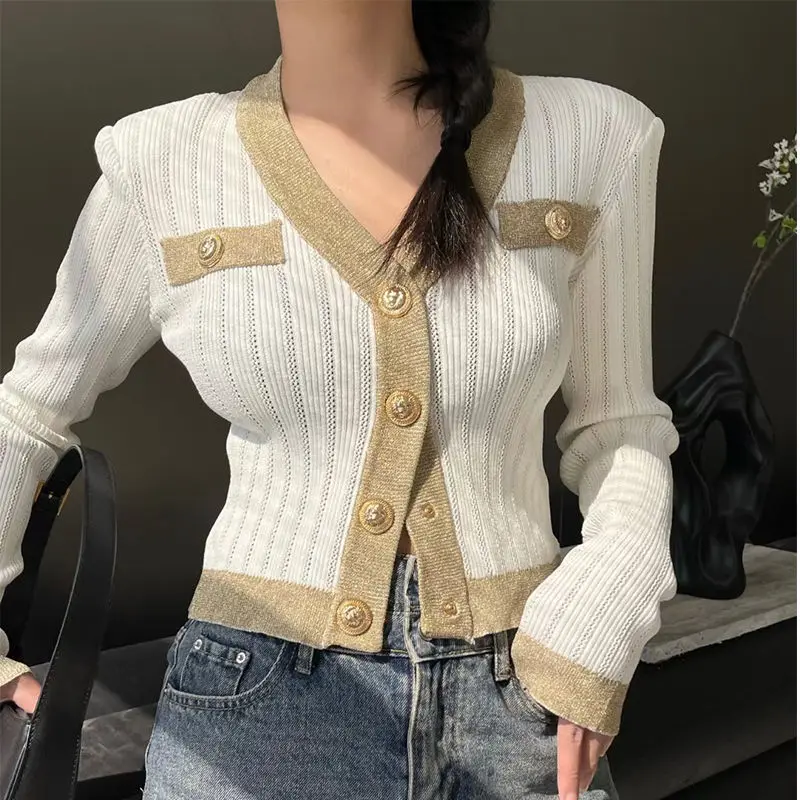 2024 Autumn Winter New Trend Buttons V-neck Long Sleeve Knitting Sweater Women Clothing Fashion Patchwork Cardigan Coat Top Tee