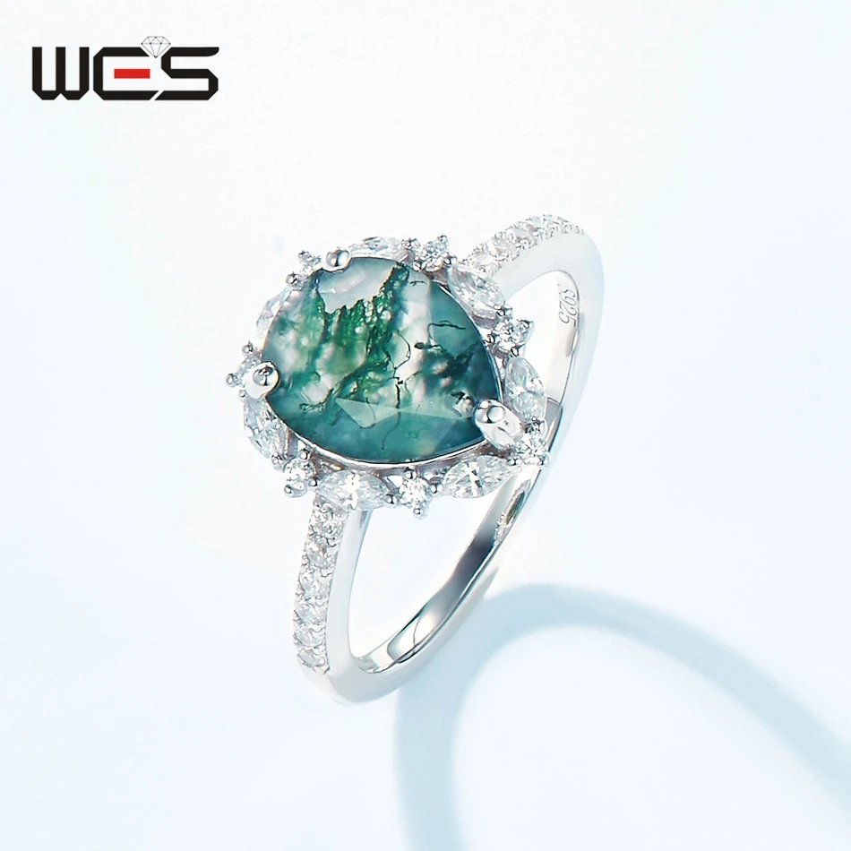 WES 925 خاتم كلاسيكي من الفضة الاسترليني للمرأة خاتم كريستال عقيق الطحلب الطبيعي الفريد للأم هدية خطوبة عيد ميلاد بالجملة #6