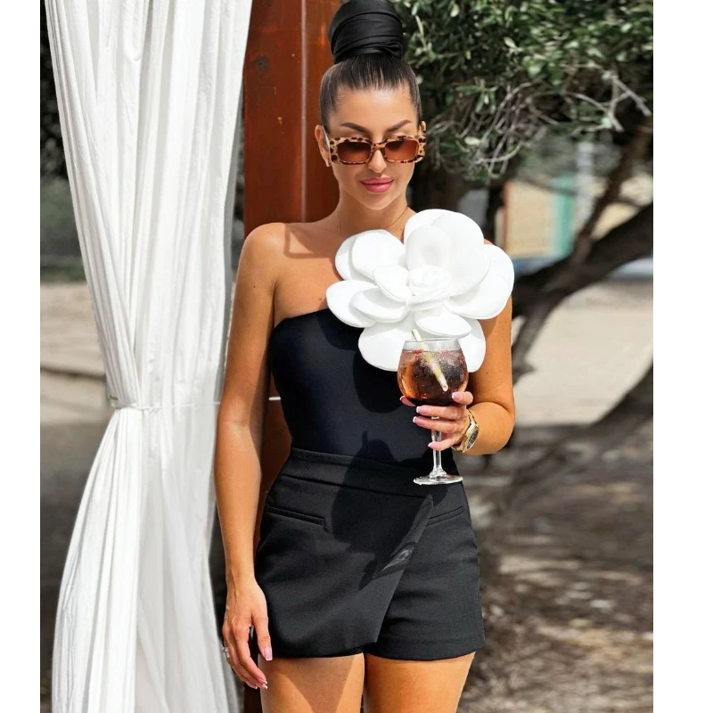 2024 Handmade 3D Flower One Shoulder One Piece Swimsuit and Skirt Vacation Swimwear Women  Clearance Wholesale