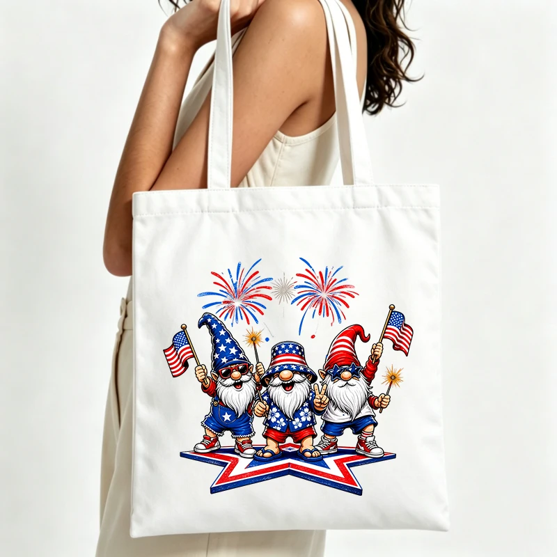 patriotic gnome graphic canvas tote bag, casual style for 4th of July celebrations and summer outings