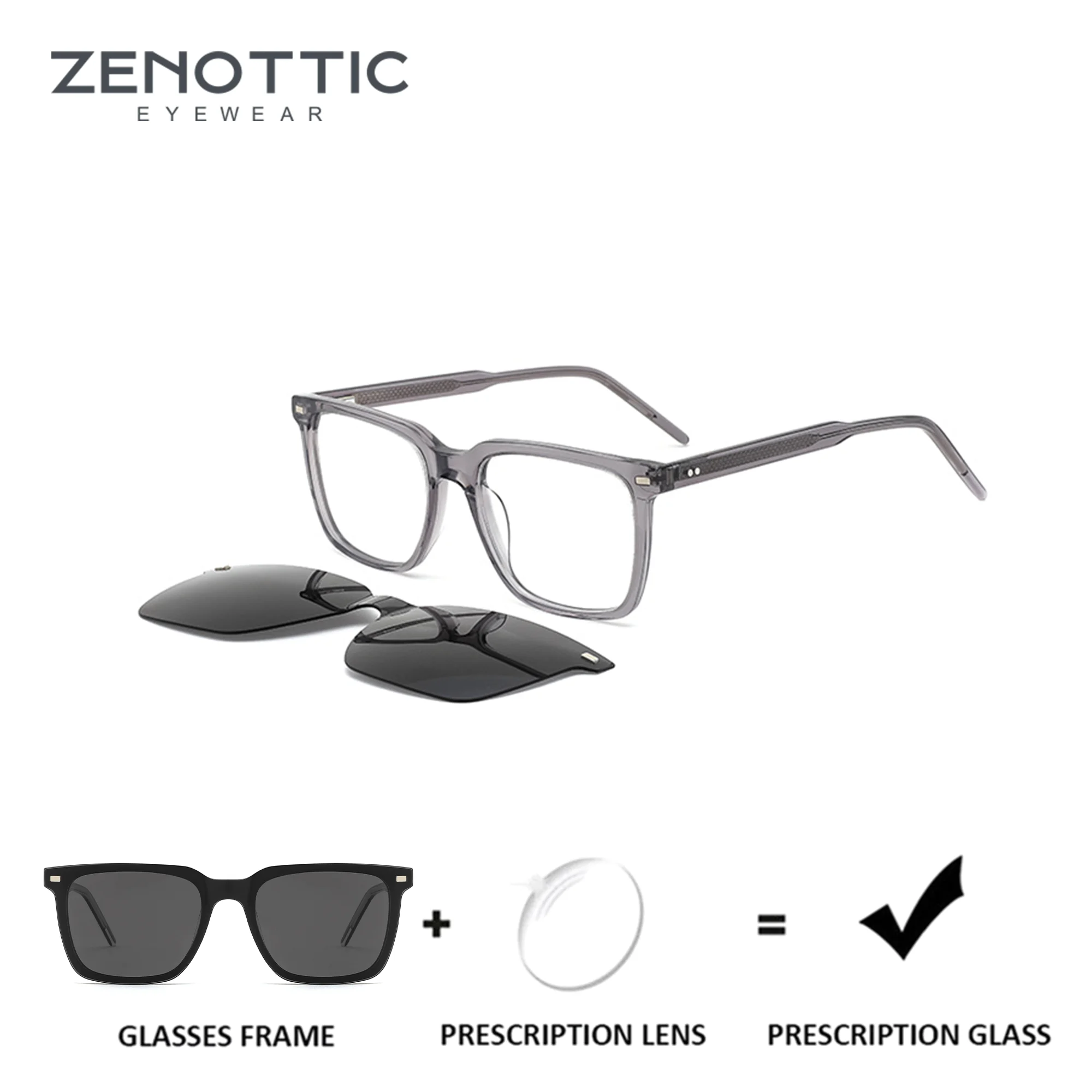 ZENOTTIC Magnetic Clip Prescription Glasses for Men Square Fashion Acetate Sunglasses Attachment