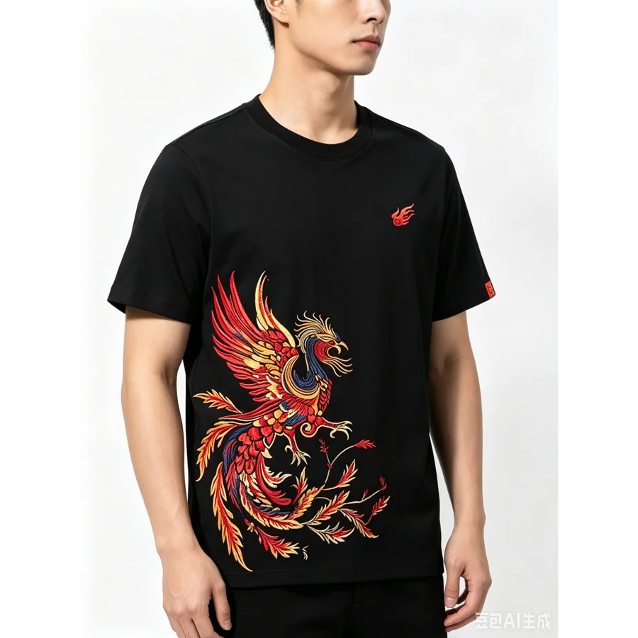 Heavy Phoenix Embroidery Short-Sleeved T Shirt Men Crew Neck National Tide T-Shirt Half-Sleeved Summer StyleA1