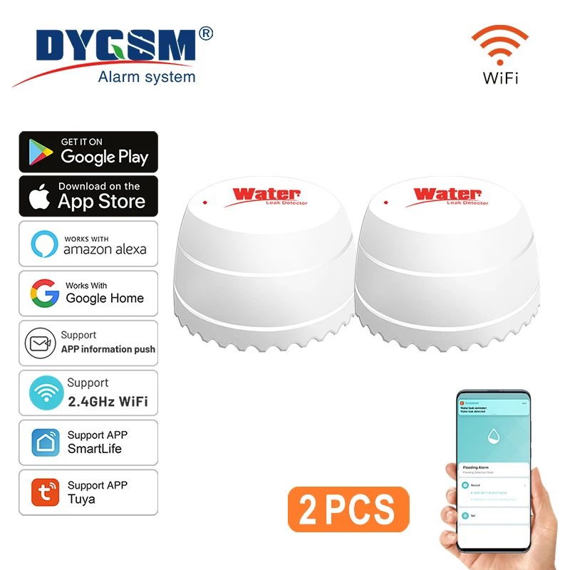 DYGSM Tuya WiFi Water Leak Sensor Flood Detector Smart Home 55dB On Site Alarm Real-Time Alerts Alexa & Google Home Compatible