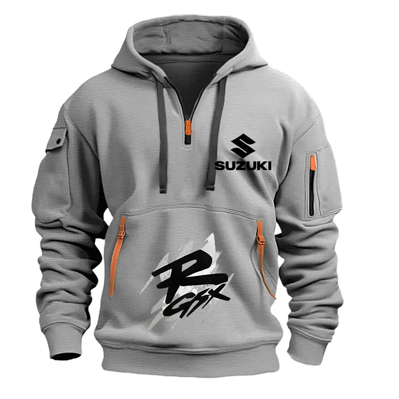 

Suzuki Men's Hoodie Sweatshirt, Autumn/Winter Street Style, Outdoor Casual Sports Motorcycle Multi-Pocket Half-Zip Printed Hoodi