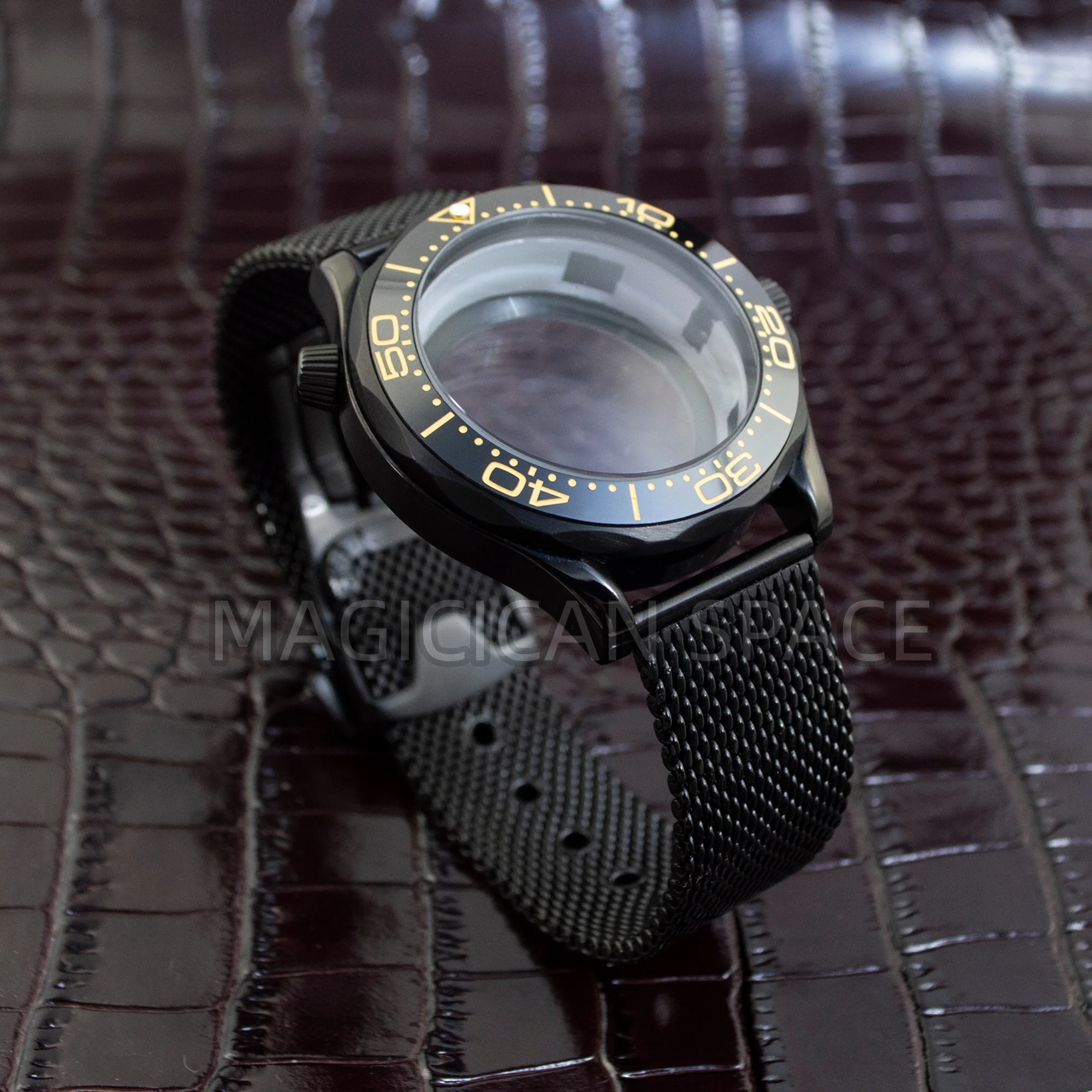 

Корпус часов NH35, 41 мм, циферблат 31 мм, черные стрелки, черный миланский сетчатый ремешок, керамический безель, водонепроницаемость 10 АТМ, для Seamaster 300, механизм NH35/NH36