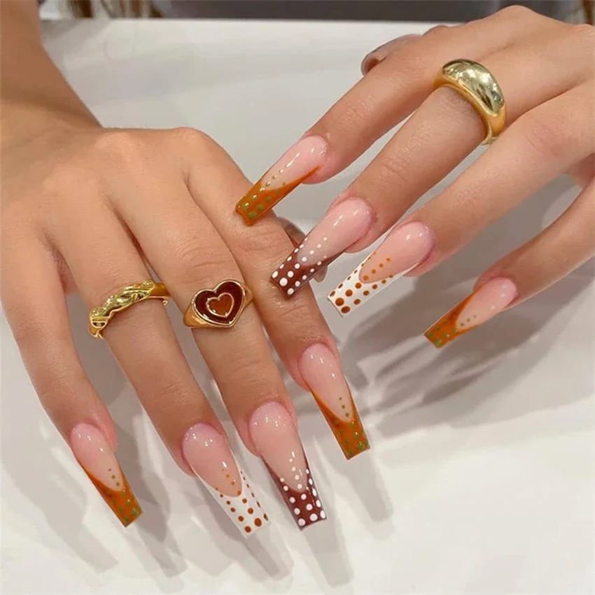 24 ps/set cor bloqueando design de bolinhas francesas usando unhas falsas cobertura completa imprensa artificial em unhas longo plano falso arte do prego