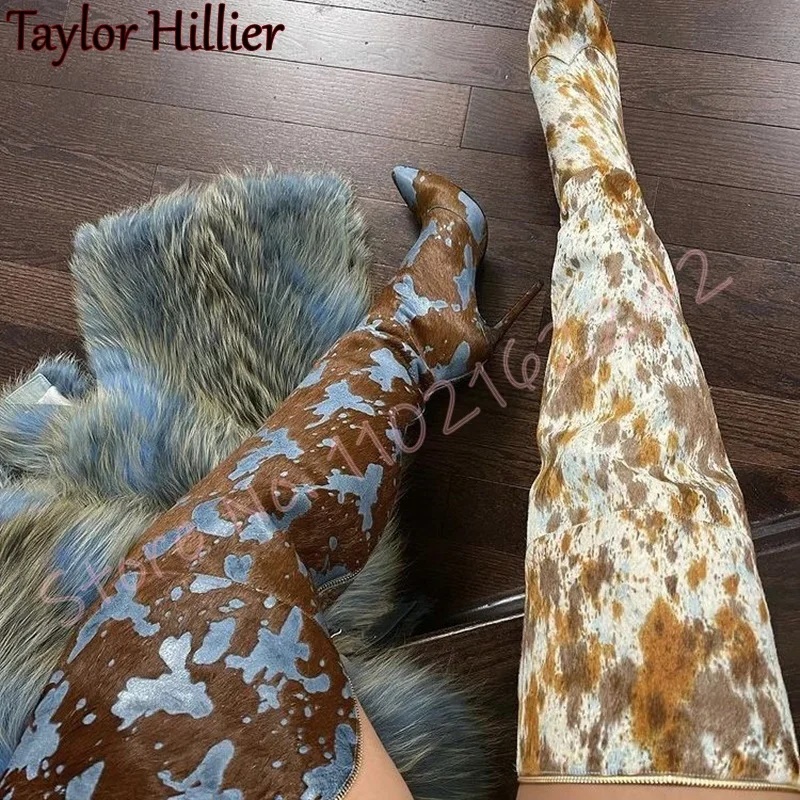Fashion Printed Over The Knee Boots For Women Pointed Toe Stiletto Back Zipper Long Boots Fashion Catwalk Party Dress Women Boot