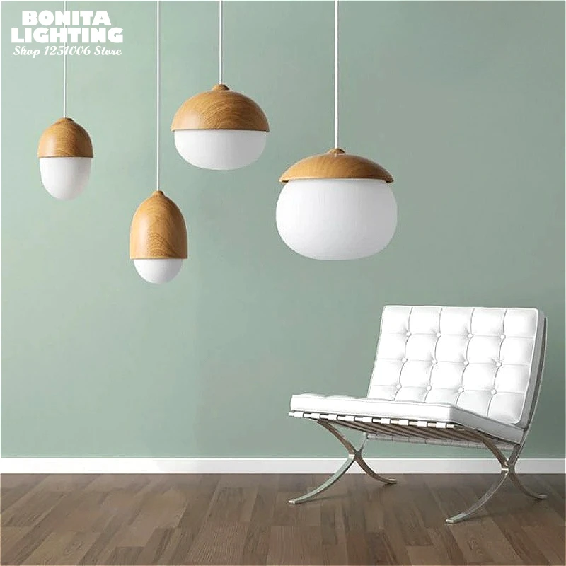 

Nuts Acorn Small Mushrooms Chanderlier Glass Milky Ball Glass Wood Grain Iron Modern Pendant Lamp Led Pine Cone Pendant Light