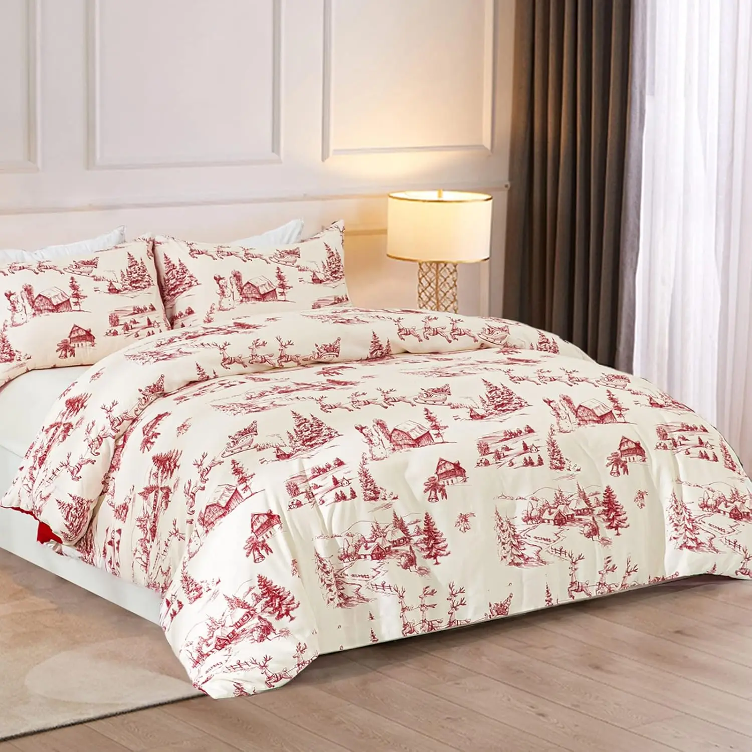 Red Christmas Duvet Cover Set Tree Snowman Village Duvet Cover Soft Microfiber Bedding Set,2 Pillowcases Zipper Closure