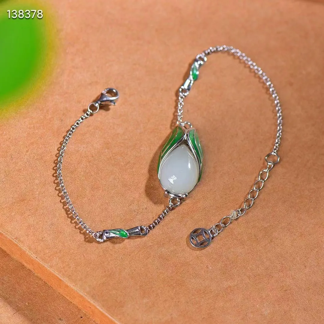 

Natural open 925 sterling silver bracelet inlaid white hetian jade cicada temperament jewelry bangles Ladies' Gift good luck