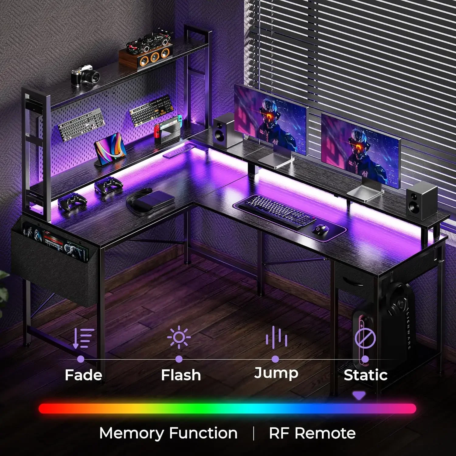 Scrivania da gioco a forma di L con luci a LED e prese di corrente, scrivania per computer con ripiani portaoggetti