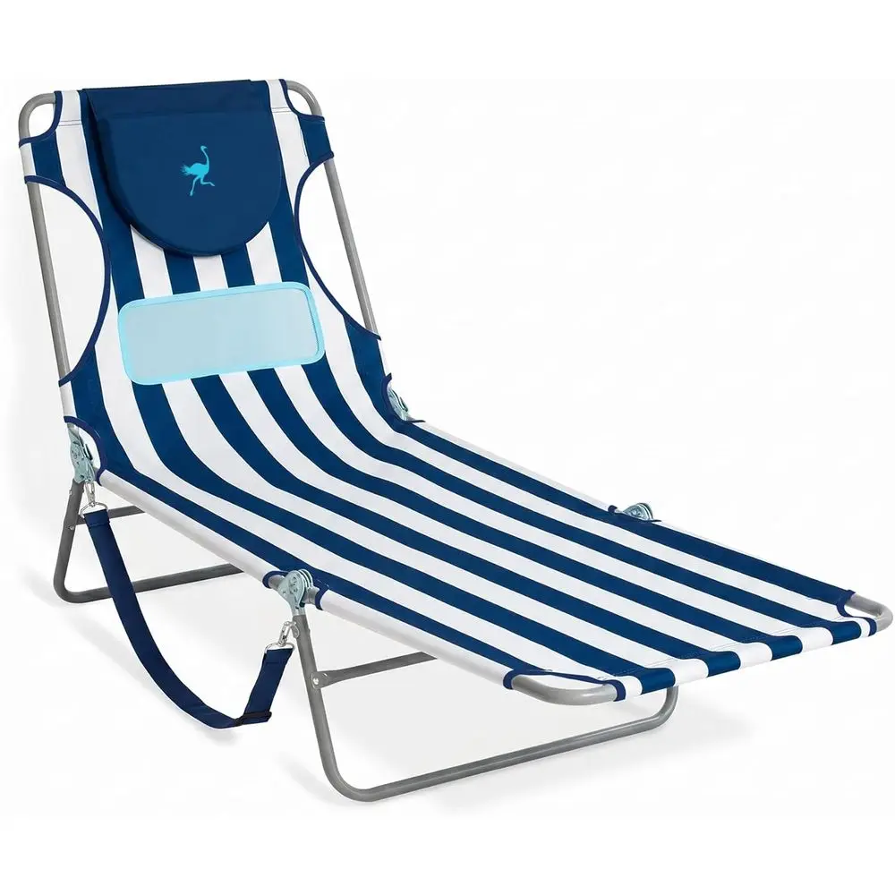 

Portable Reclining Beach Lawn Chair with Chest Support, Blue Stripe Pattern