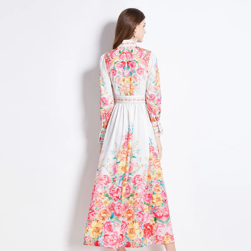 2024 Herbst wunderschöne Blumen druck Urlaub Maxi Robe Vintage Frauen einreihige Laterne Ärmel Blumen gürtel langes Kleid Vestidos