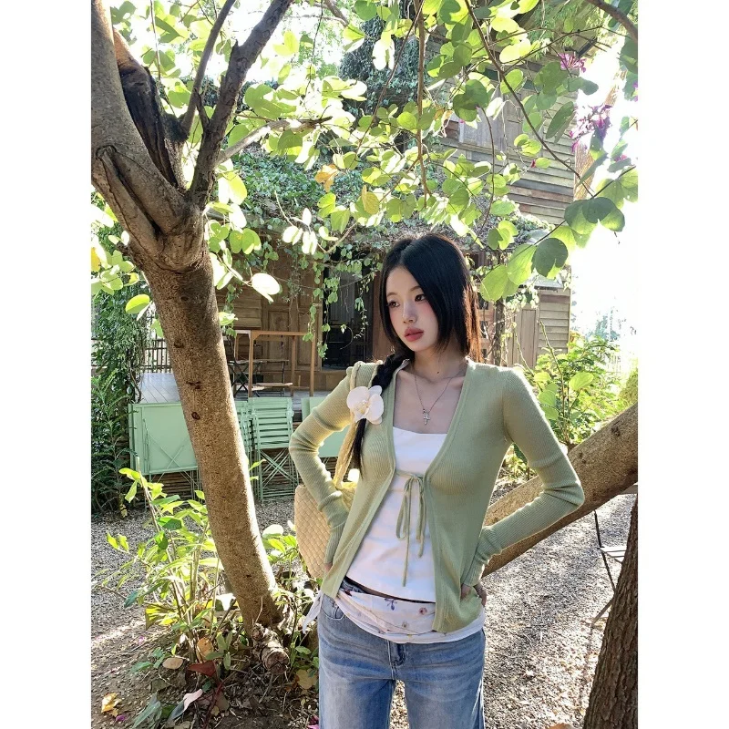 

Women's Exquisite Knitted Cardigan Summer New Korean Version Sun Protection Thin Shawl Lace-Up Jacket Top for Beautiful Styling