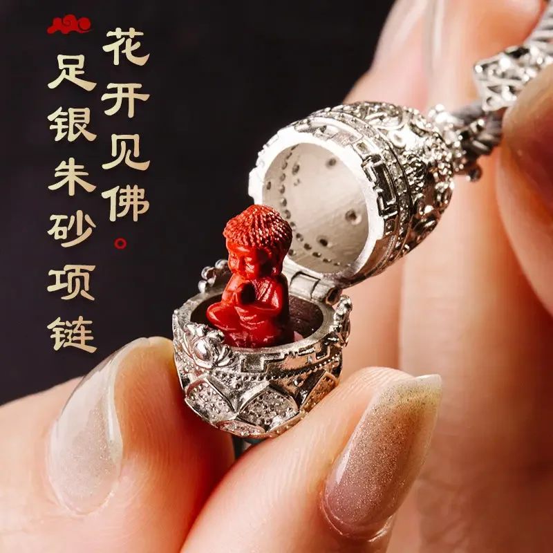 Pure Silver Cinnabar National Style Flower Blossom See Buddha Pendant Personality Extended Version Couple's Animal Year Guardian