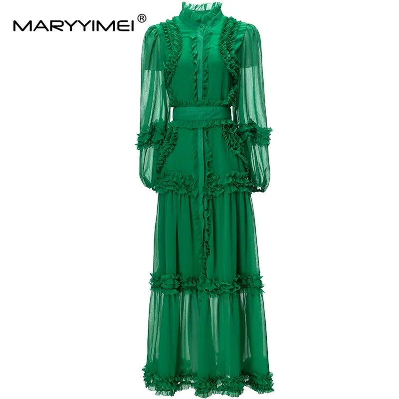 

MARYYIMEI New Fashion Designer Dress Women's Stand Collar Translucent Puff Sleeve Adjustable Girdle Ruffled Patchwork Dress