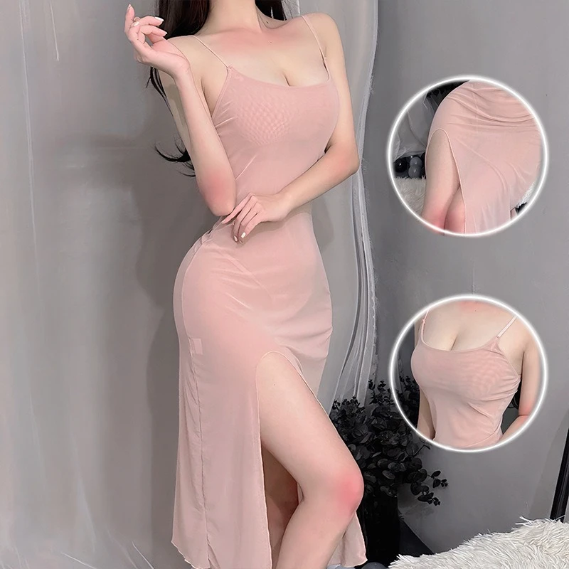 Sexy Mesh Lingerie Women's Pajamas Dress Sexy Camisole Slit Shaped Nightgown No Need To Take Off Long Night Dress Womens Dresses